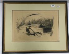 AFTER WILLIAM LIONEL WYLLIE "Thames scene with bridge and figure on barge in foreground",