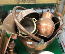 A selection of copper ware including coal helmet, kettle, coffee pot,