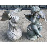 A cast metal figure of a cherub crying sat on a bal, with verdigris style patination, 31 cm high,