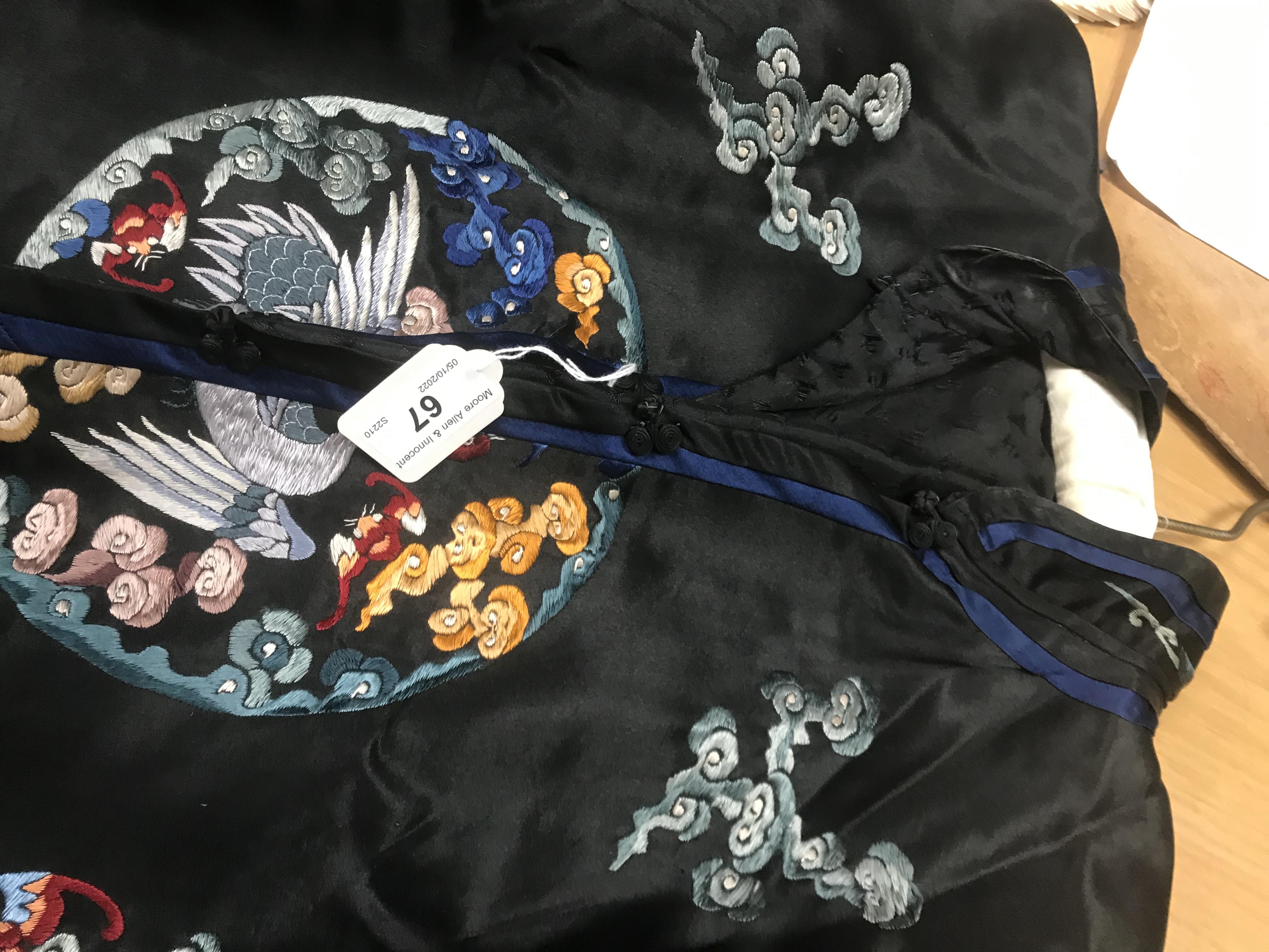 A Chinese silk jacket with crane and wave decoration on a black ground - Image 5 of 8