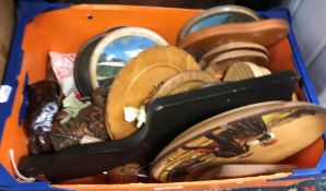 Five boxes of sundry items to include various Sorrento ware style plates,