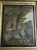 A 19th Century needlework study on a printed base depicting a gentleman with tankard of beer and