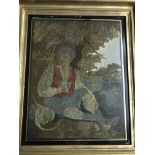 A 19th Century needlework study on a printed base depicting a gentleman with tankard of beer and