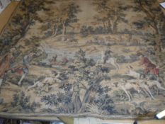 A mid 20th Century machine woven French tapestry depicting an 18th Century hunting scene with