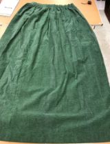 Two pairs of green chenille curtains with green linings and taped pencil pleat headings,