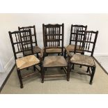 A composite set of five 18th / 19th Century spindle back rush seat chairs in the North Country