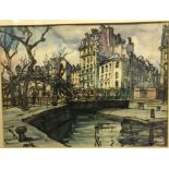 ALBERT BECUS "Continental river landscape with bridge and buildings", pen and watercolour,