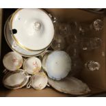A box containing a Royal Albert part floral decorated tea service, various glass plates,