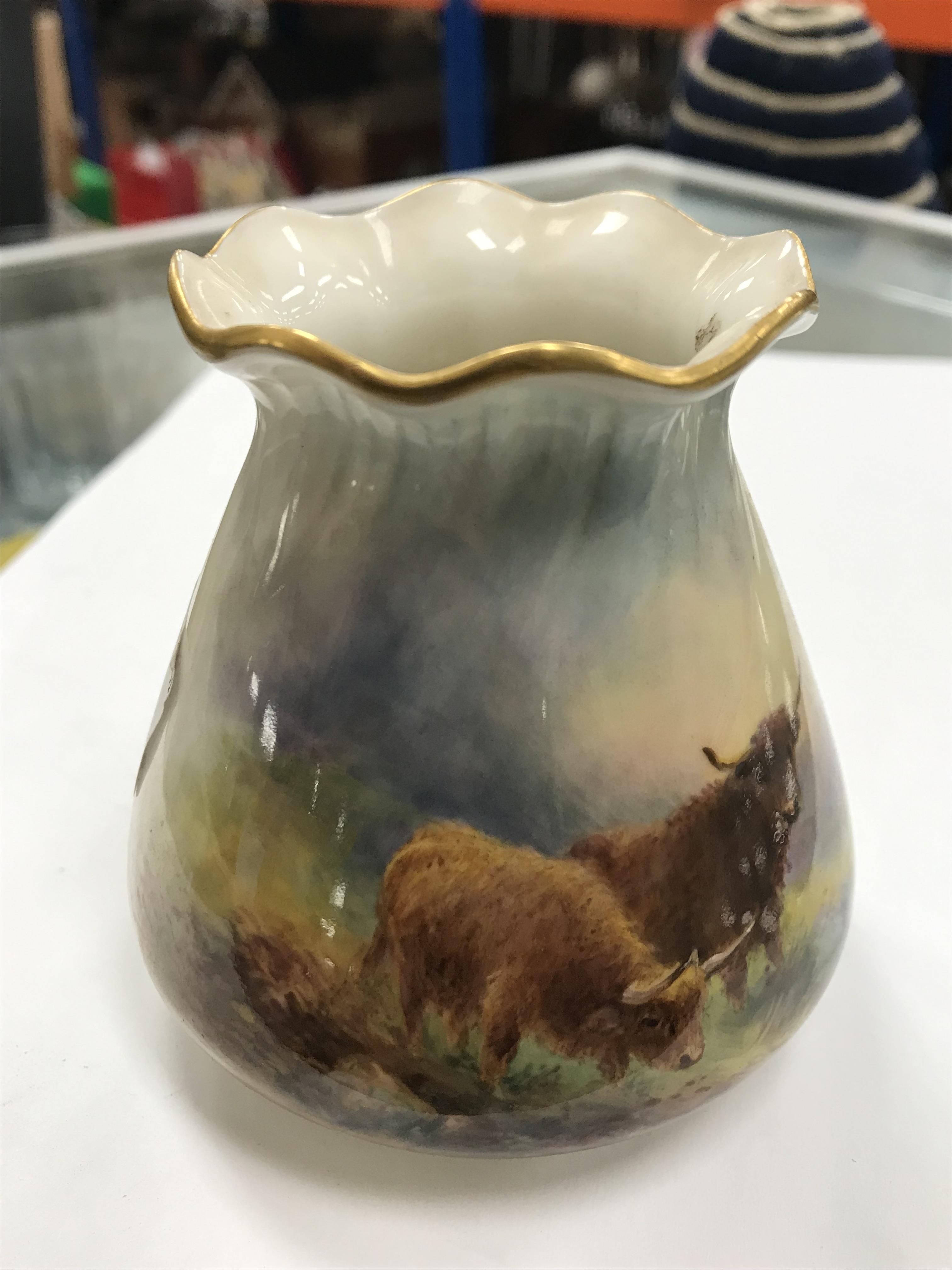 A Royal Worcester porcelain vase of bag form decorated with Highland cattle in a landscape by H - Bild 11 aus 12