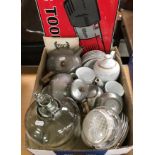 A box containing a Tudric pewter ware four piece tea set comprising tea pot, water jug,