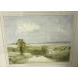 DAVID TUFFLEY "Shepherd and sheep on a roadway in open landscape", penciland watercolour,