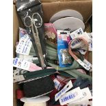 A box containing a large quantity of unused sewing haberdashery to include interalia, scissors,