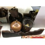 A collection of various metal wares to include copper milk pan, embossed jardiniere,