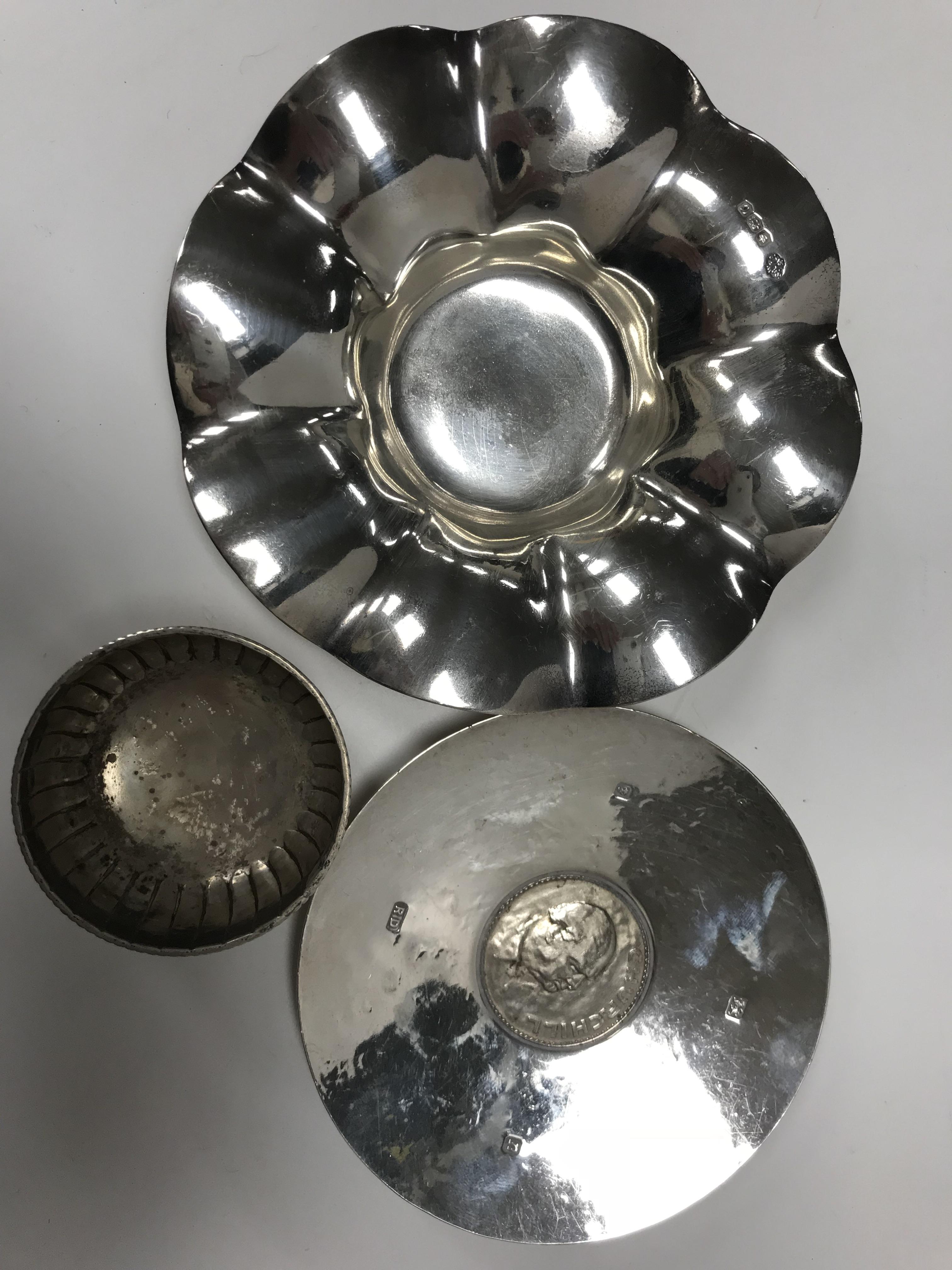 A collection of silver to comprising a silver trinket bowl / dish of lobed /petal form (by William