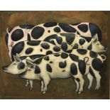 20TH CENTURY UKRANIAN SCHOOL "Spotted pigs", oil on canvas, signed lower left,