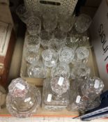 A collection of glassware to include a pair of square decanters, a Royal Doulton onion decanter,