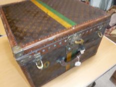 A vintage Louis Vuitton square hard cased travel case with painted yellow and green stripes and