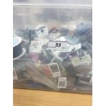 A box containing a large quantity of unused glass and other beads, beading needles,