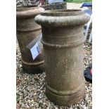 A pair of terracotta chimney pots of plain circular form 67 cm high and two Belfast sinks 61 cm