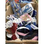 A box containing a large quantity of unused sewing haberdashery to include interalia, scissors,