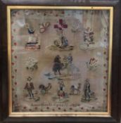 A 19th Century needlework study of various emblems including cross, camel, figures, cockerel, chest,