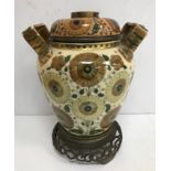 A circa 1900 Zsolnay Pecs pottery ware vase oil lamp with matching glass based floral decorated