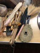 A collection of items to include a malacca cane handled parasol with brass knob,