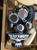 Two boxes of sundry china and household items to include a pair of Shredded Wheat Centenary bowls,