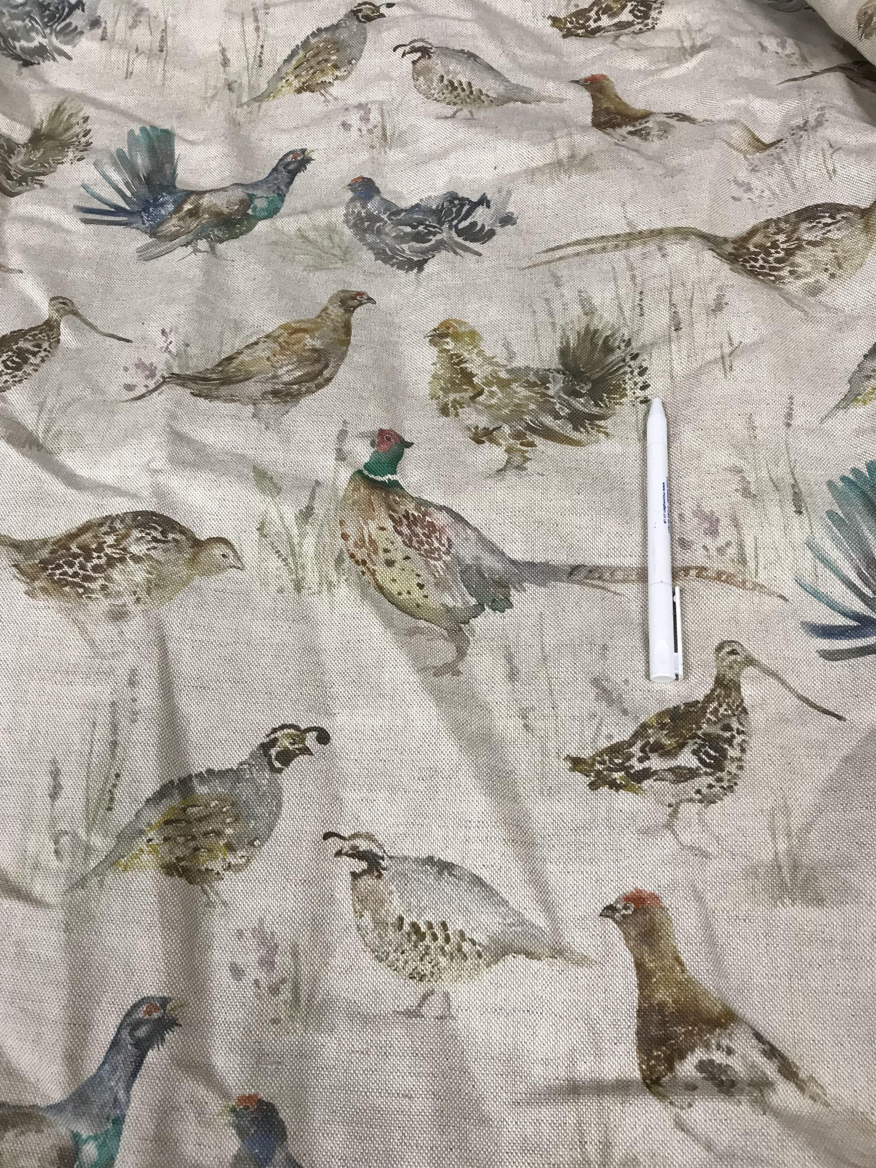 Two pairs of linen weave beige ground lined curtains decorated with various game birds, lined, - Image 2 of 8