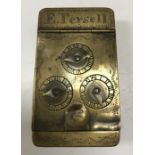 A 19th Century brass tobacco box with three lock combination engraved with owner's name "E Persell"