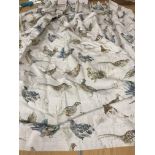 Two pairs of linen weave beige ground lined curtains decorated with various game birds, lined,