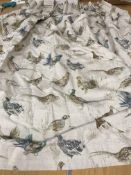 Two pairs of linen weave beige ground lined curtains decorated with various game birds, lined,