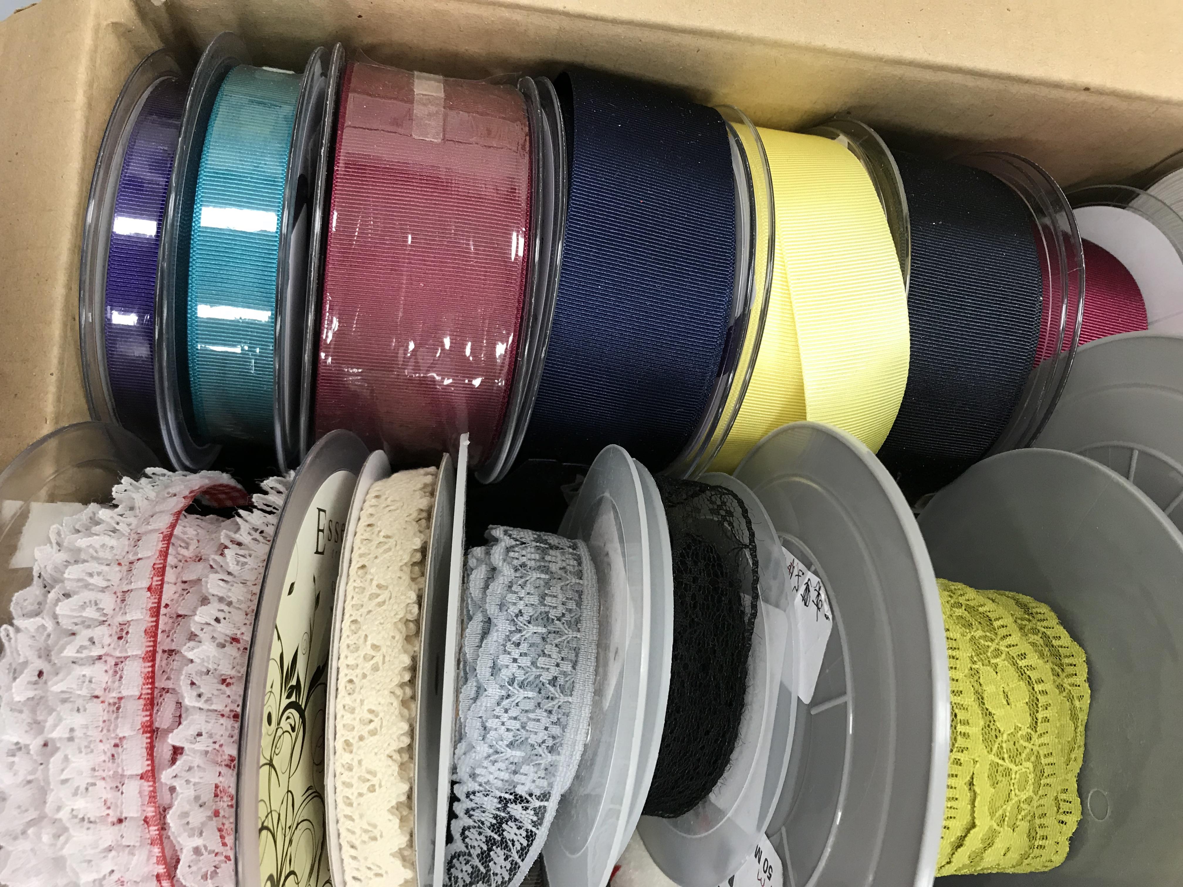 A box containing tulle ribbons of various widths, hat netting, string sequins, - Image 2 of 3