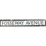 A painted metal street sign inscribed "Fosseway Avenue" 122 cm x 16 cm