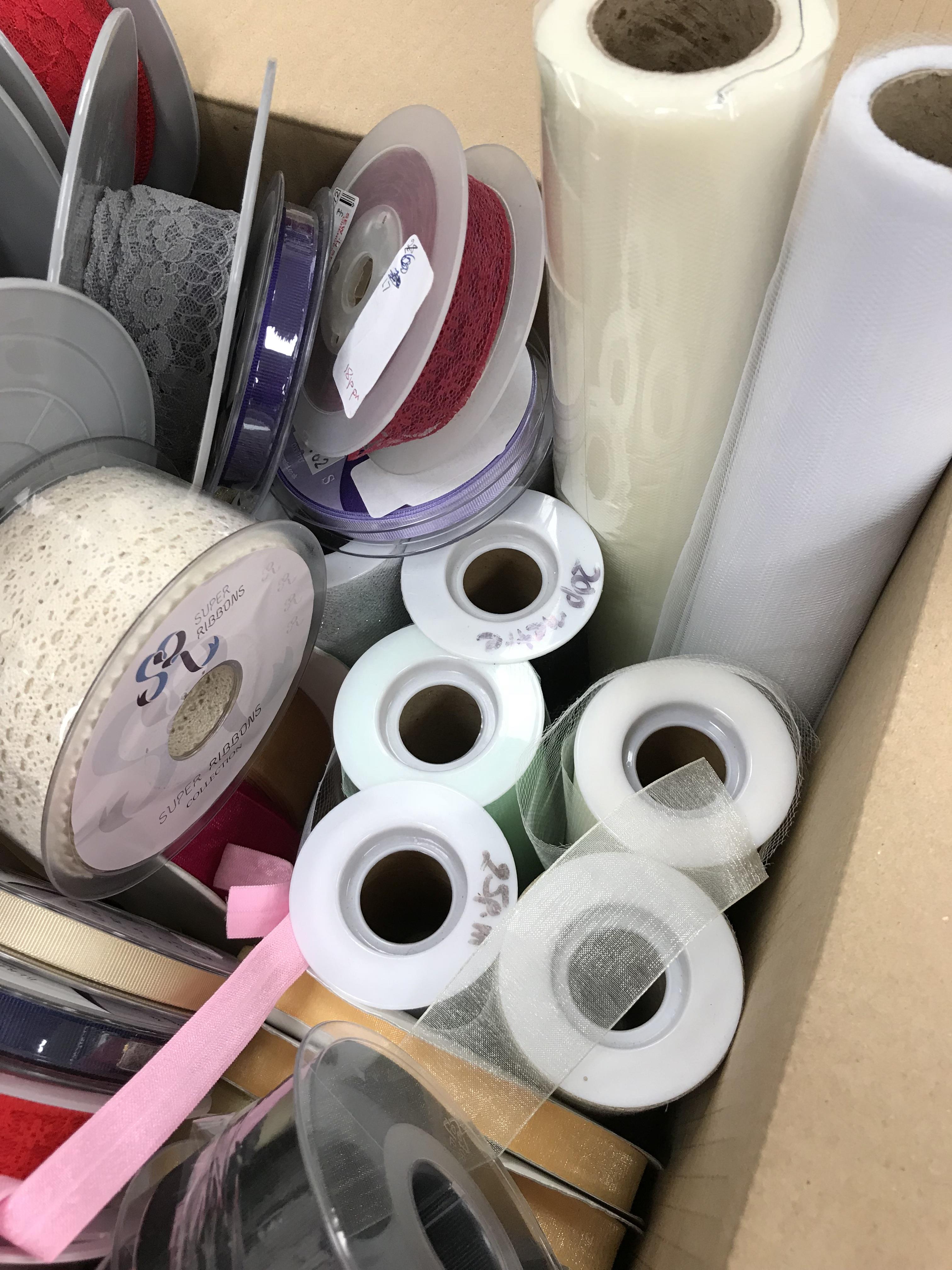 A box containing tulle ribbons of various widths, hat netting, string sequins, - Image 3 of 3