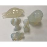 A collection of five various opalescent / milk glass figures including Lalique "Owl", 5.