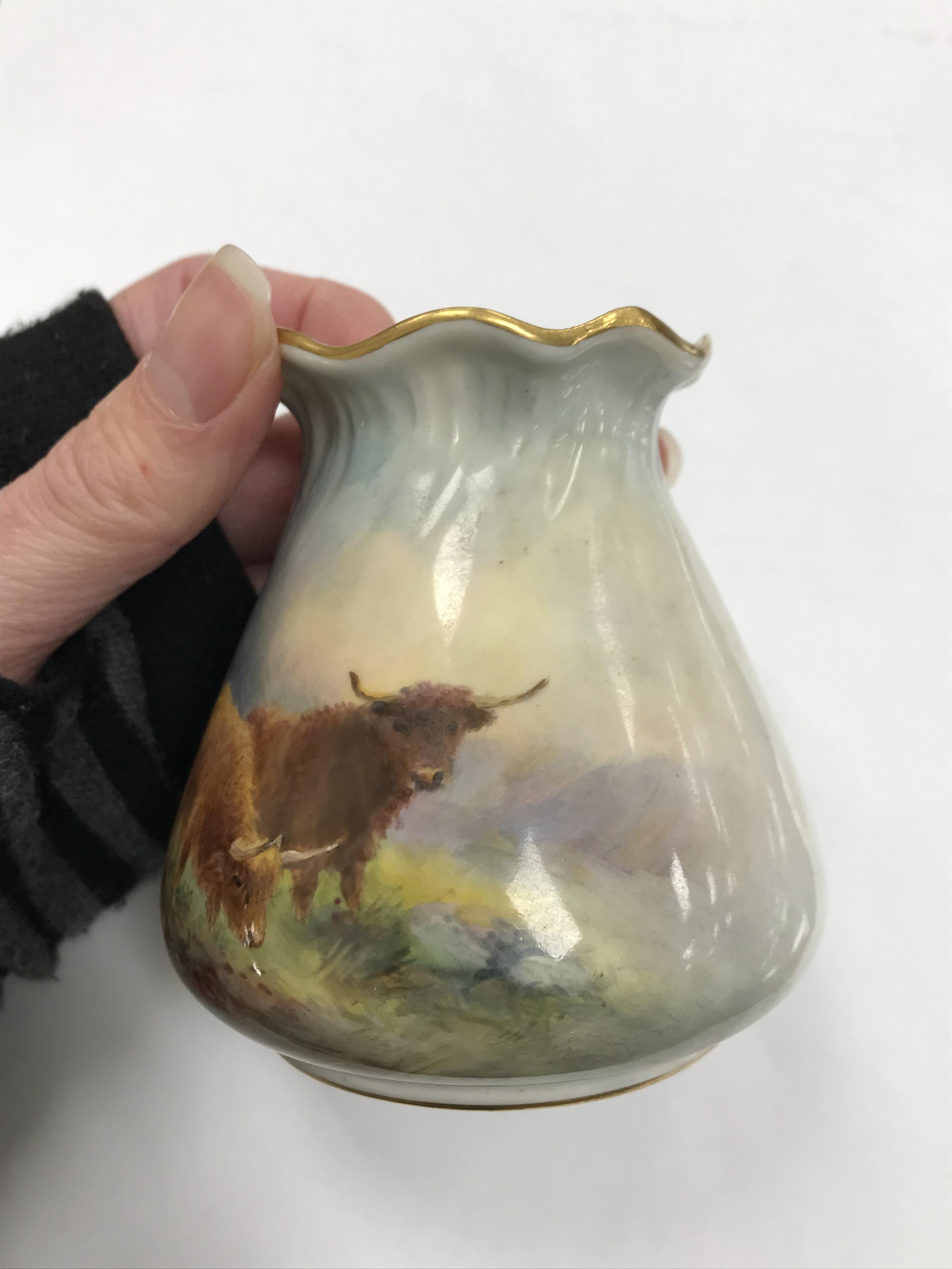 A Royal Worcester porcelain vase of bag form decorated with Highland cattle in a landscape by H - Bild 9 aus 12