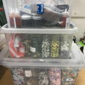 Three boxes containing a large quantity of trims suitable for card making and other crafts,