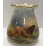 A Royal Worcester porcelain vase of bag form decorated with Highland cattle in a landscape by H