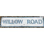 A painted metal street sign inscribed "Willow Road" 99 cm x 23 cm