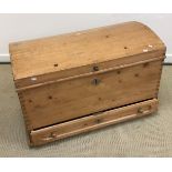 A 19th Century pine dome top trunk with single drawer and iron carrying handles 95 cm wide x 53 cm