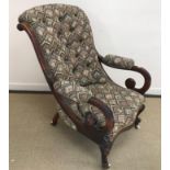 A Victorian rosewood open arm salon chair, the scroll back over scroll arms,