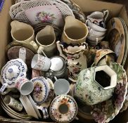 A box of assorted decorative china wares to include a Masons Mandalay jug,