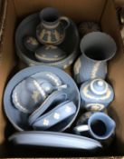 A collection of Wedgwood Jasper ware china to include bowls, vases,