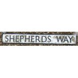 A painted metal street sign inscribed "Shepherds Way" 112 cm x 15.