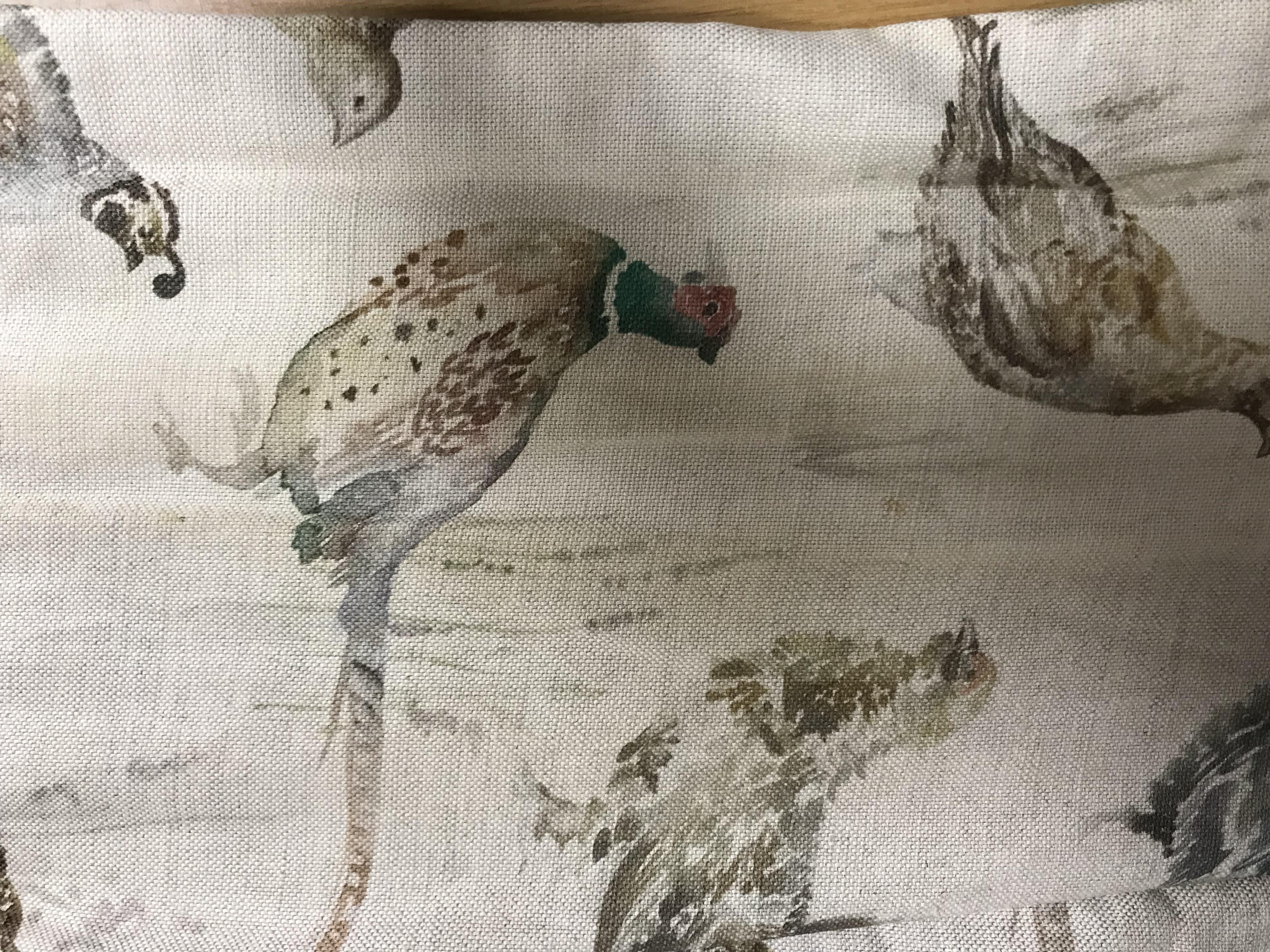 Two pairs of linen weave beige ground lined curtains decorated with various game birds, lined, - Image 5 of 8