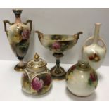 A Royal Worcester squash form pot pourri vase with relief work decoration and painted panels of