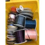 Two boxes containing full and part used reels of narrow ribbons, cords,