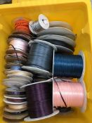 Two boxes containing full and part used reels of narrow ribbons, cords,