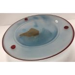 A modern pale blue frosted glass fruit bowl with red lined border and small medallion decoration 38.